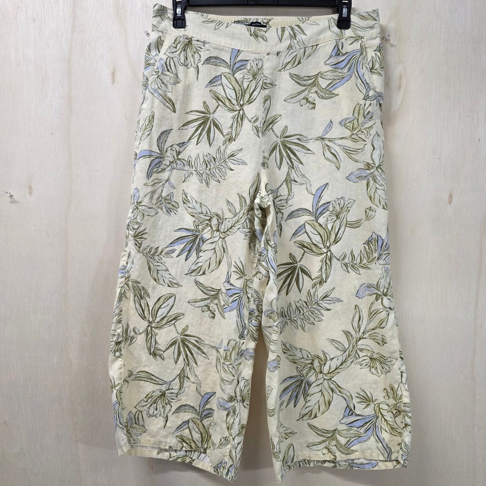 Tahari 100% Linen Wide Leg Pants Womens XL Tropical Floral Cream Green Blue